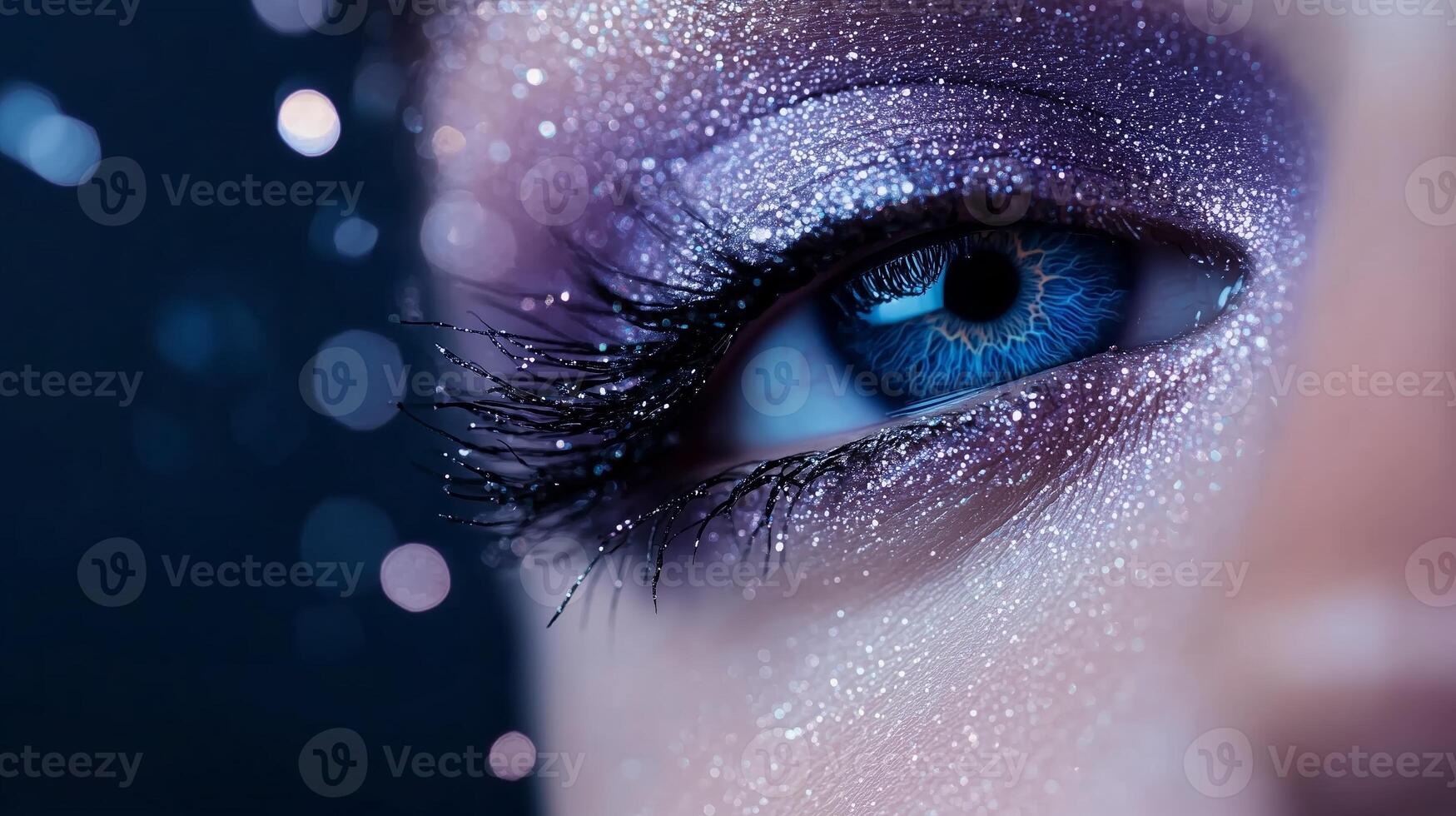 Close-up of a sparkling blue eye with shimmer makeup reflecting light in an artistic display photo