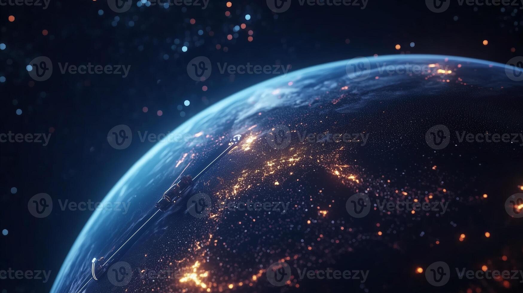 View of Earth from space at night showing city lights and satellite in orbit with stars scattered in the background photo