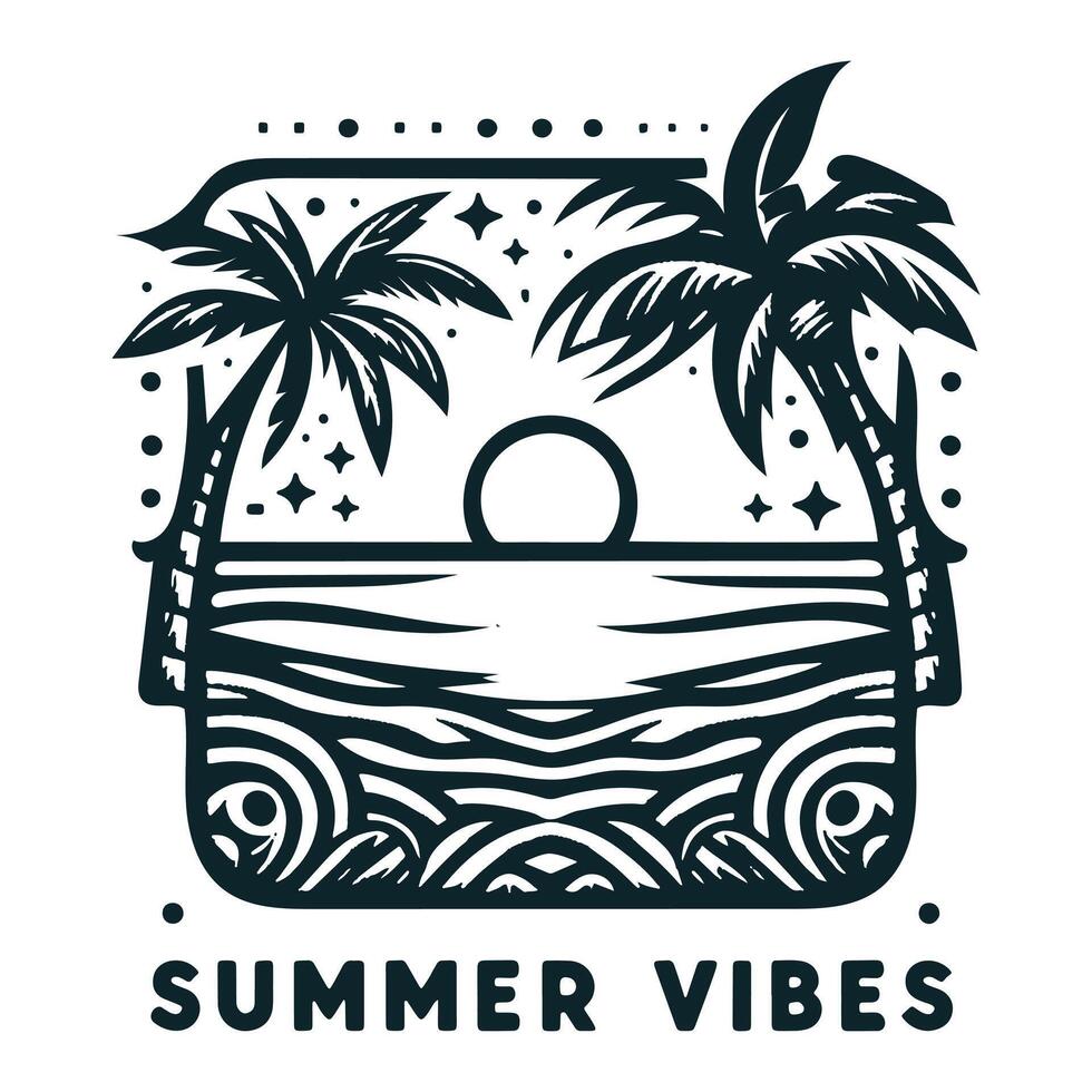Summer vibes logo with palm trees and the ocean vector