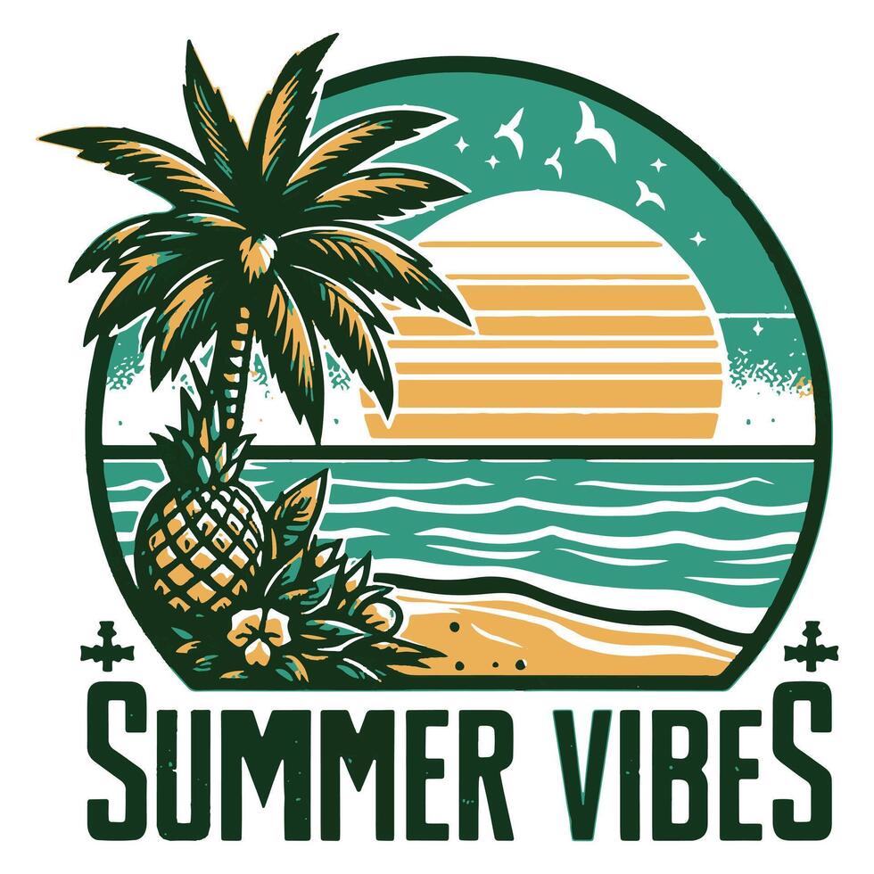 Summer vibes logo with palm tree and sunset vector