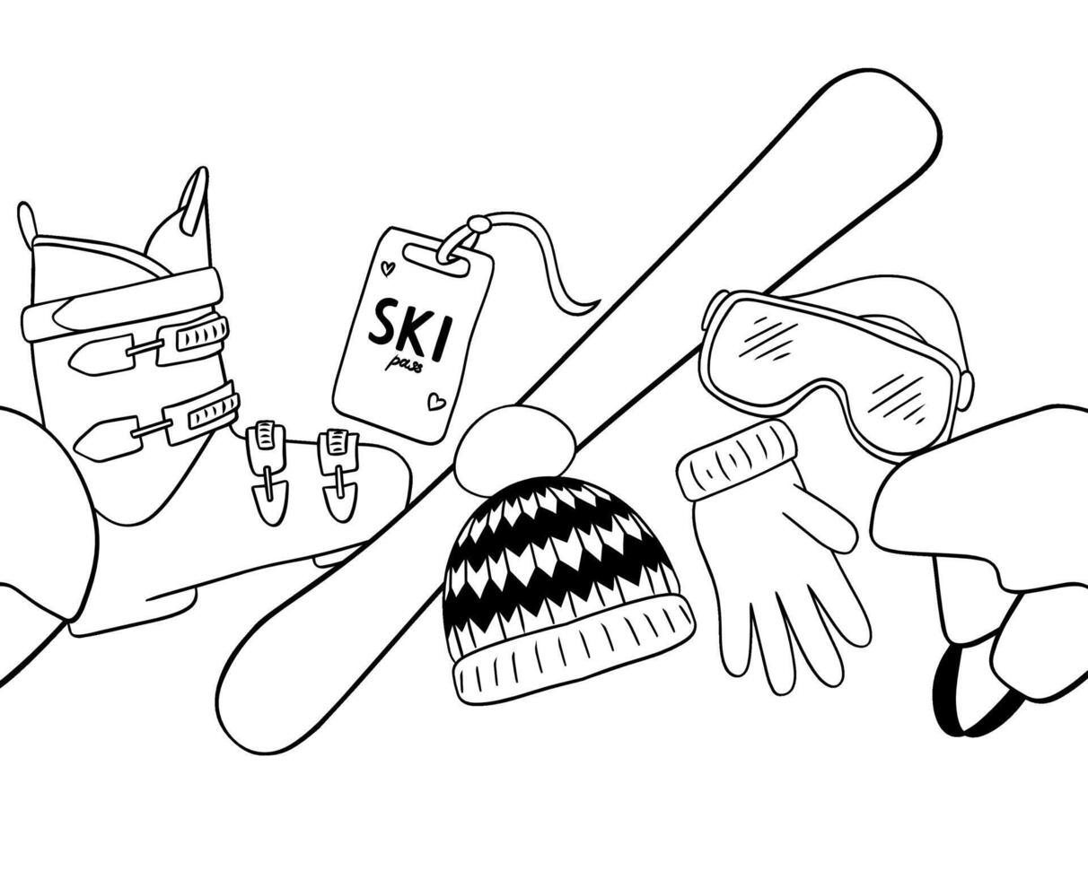 ski equipment Seamless border. Skis, boots, sunglasses, hat, gloves, mitten in graphic line style. graphic line illustration on white transparent background. vector
