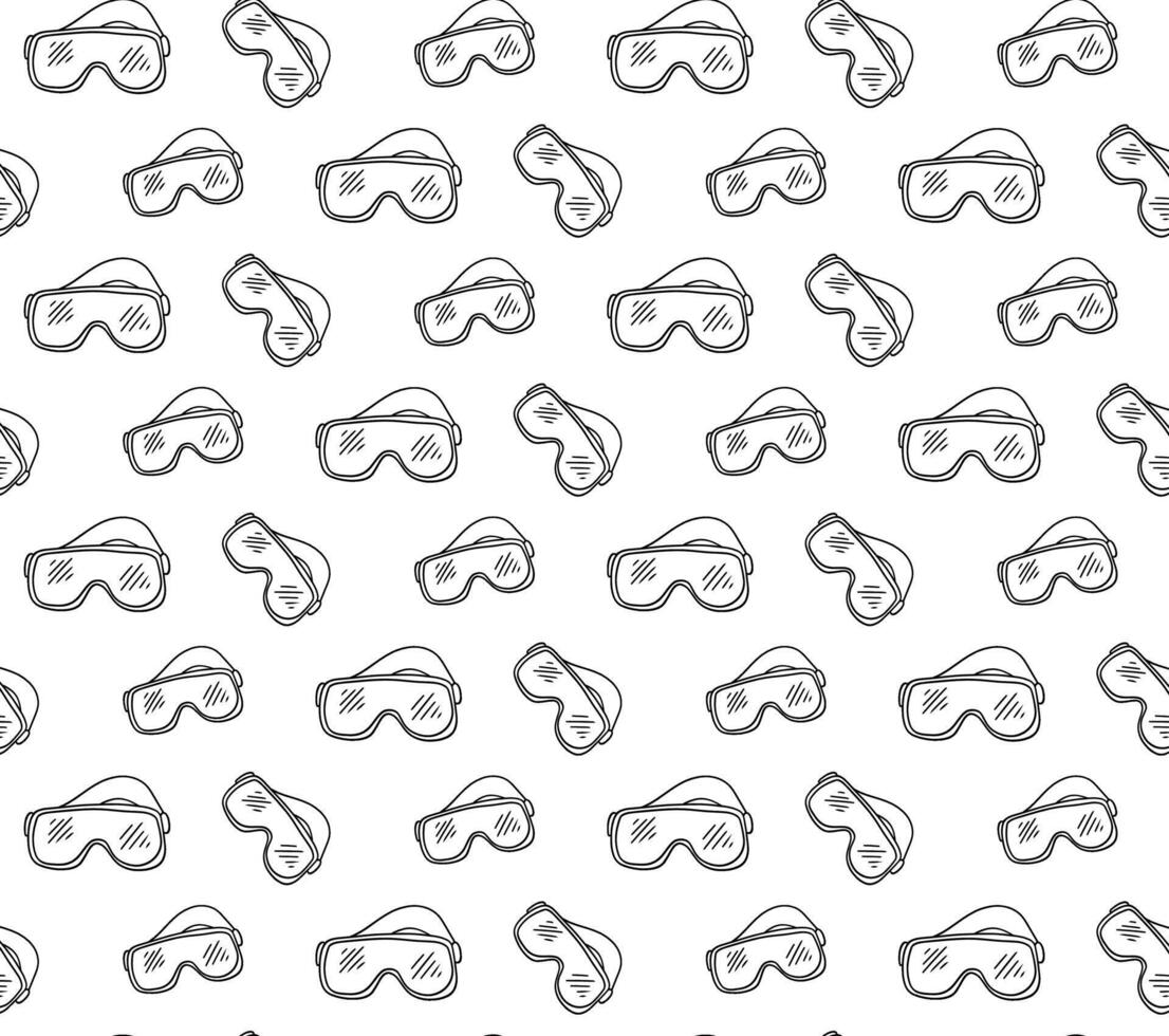 Skis, snowboard goggles, ski sunglasses seamless pattern. Graphic line illustration Reflection of mountain slopes in glasses. Seamless background. vector
