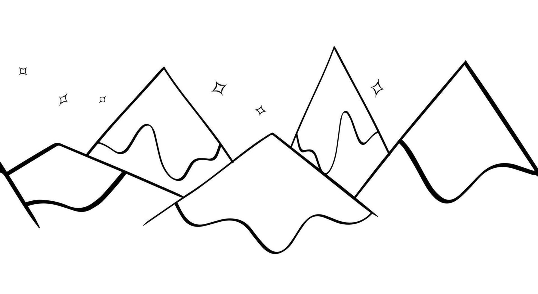 night the mountains with snow peaks, panoramic view, illustration. Graphic line seamless border with night view vector