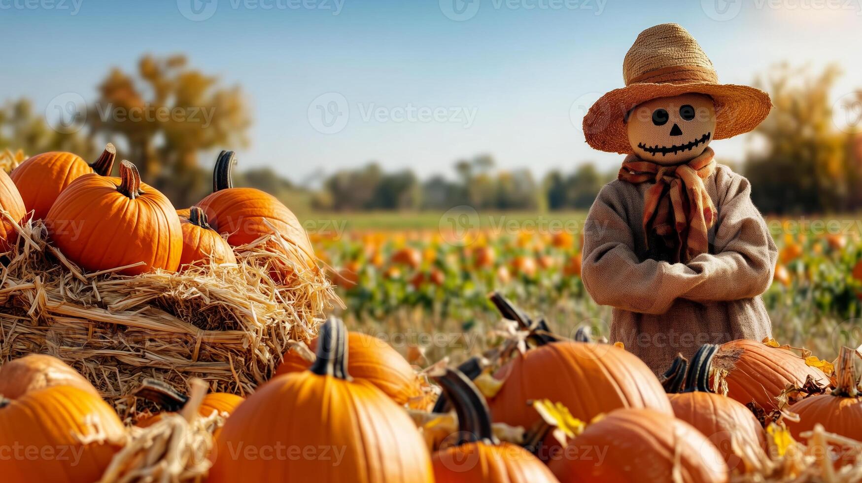 Colorful autumn harvest with a scarecrow and pumpkins in a sunny field photo