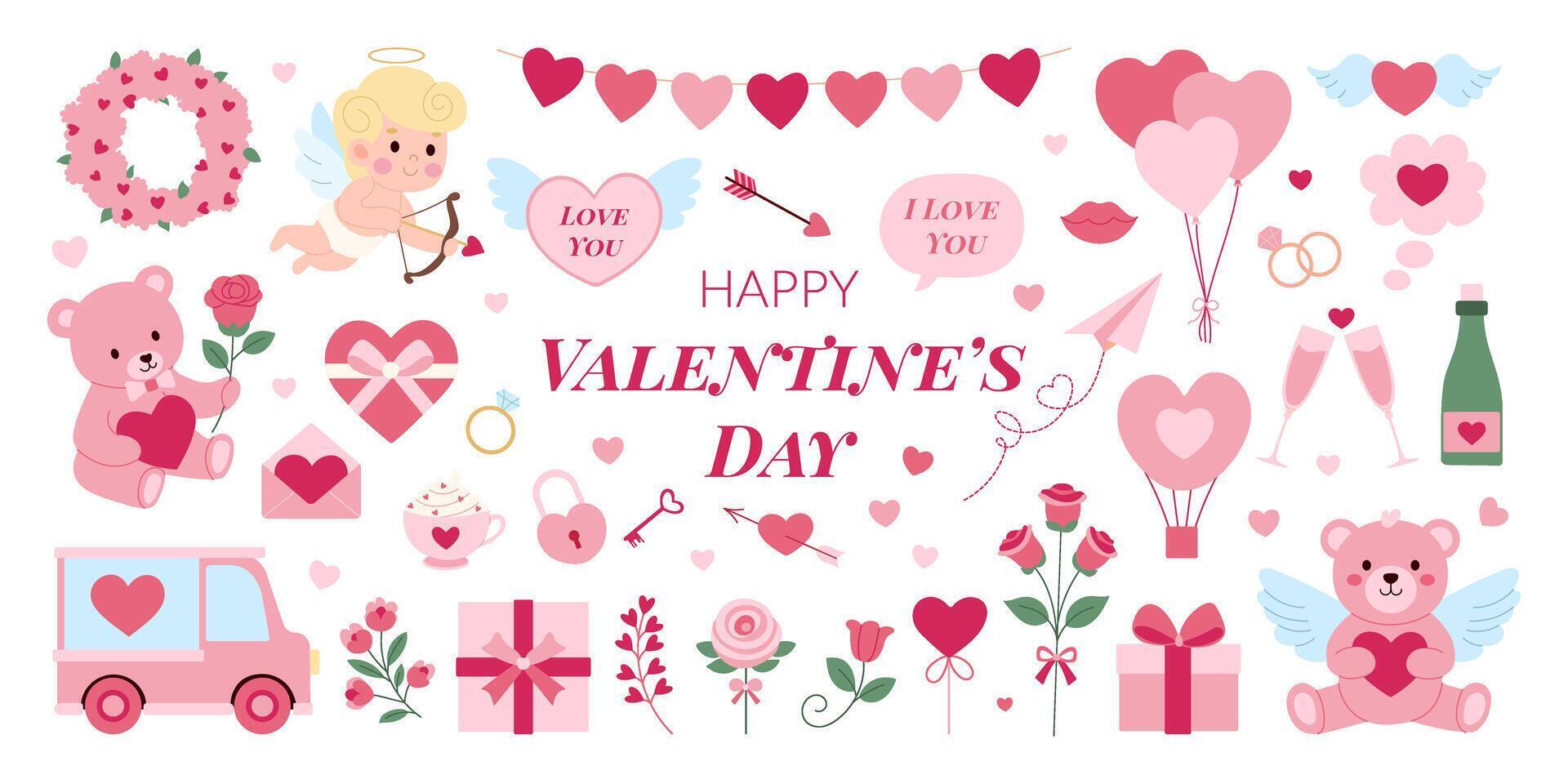 A Valentine's Day card with a pink background and a variety of pink and red items. There are two teddy bears, a truck, a car, a rose, a bouquet of flowers, a bottle, a cup, a wine glass vector