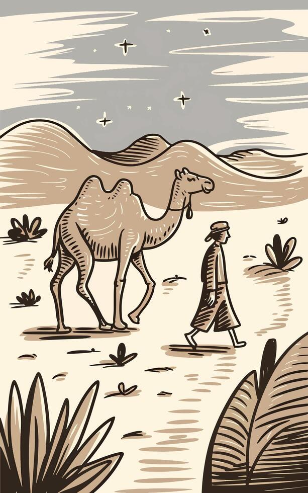 desert with camel realistic drawing art vector