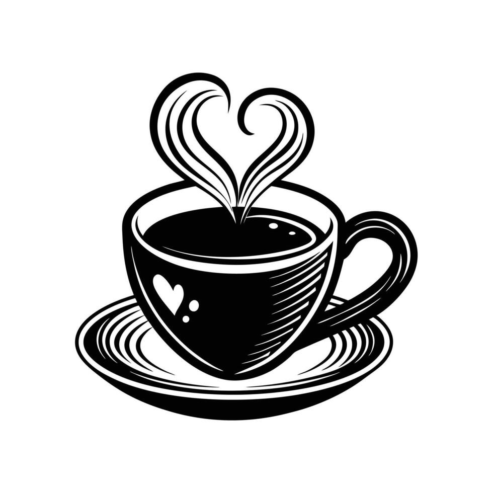 Steaming Coffee Cup with Heart-Shaped Steam - Black and White Illustration vector