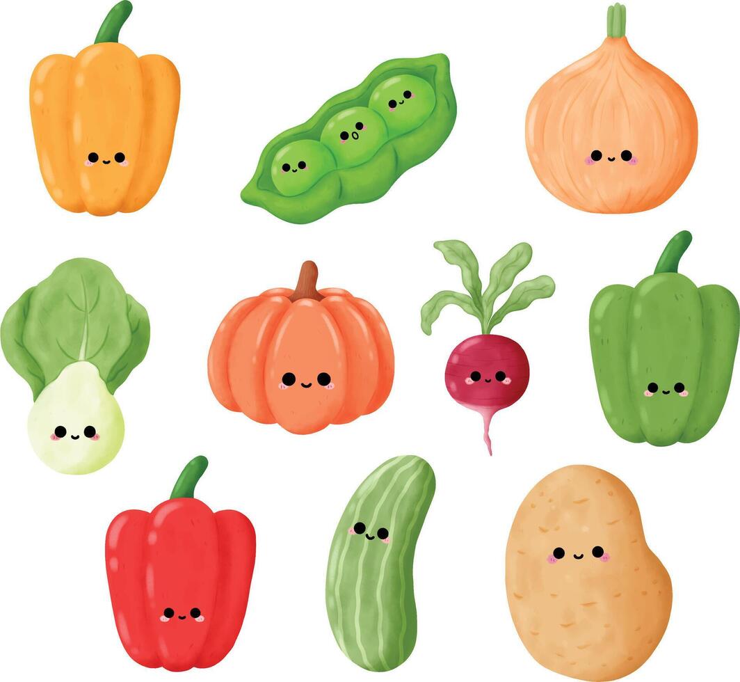 Set of hand drawn character vegetables vector