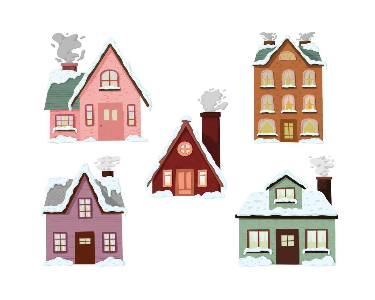 Set of hand drawn snowy house vector