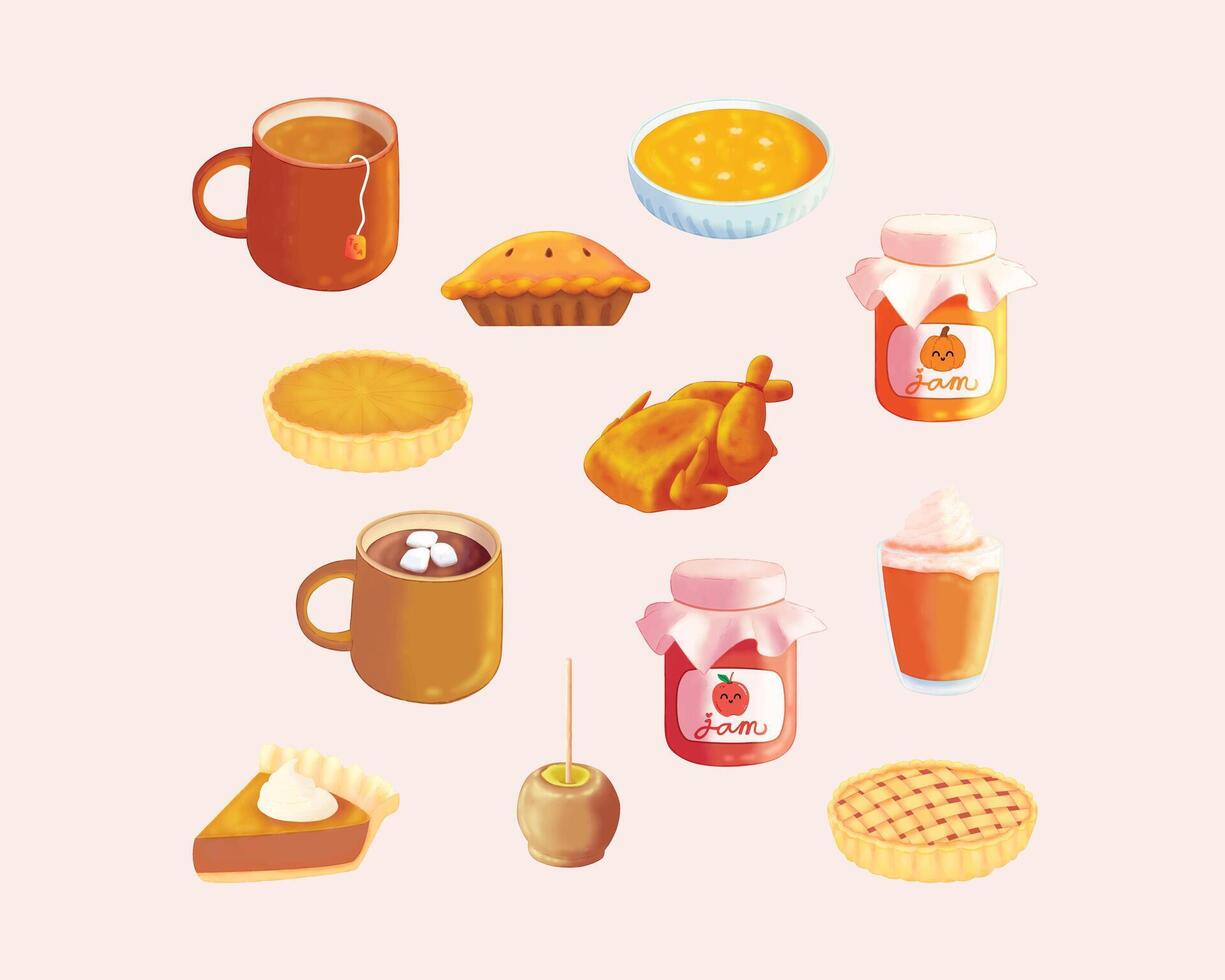 Set of hand drawn autumn food and beverage vector