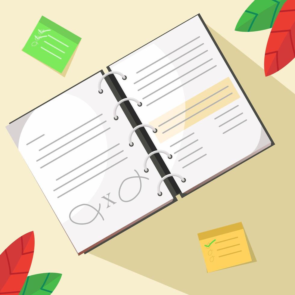 Flat illustration book with notes and leaf ornament vector