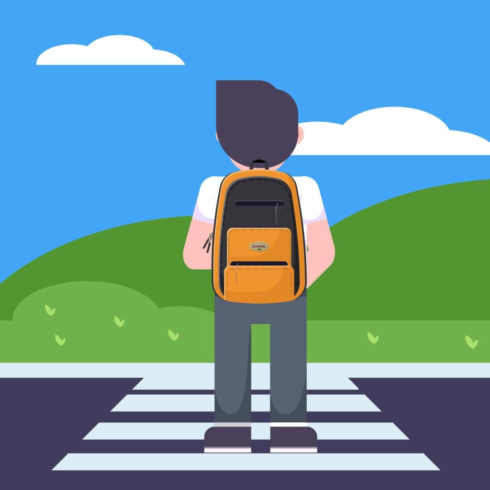 Illustration of a Young Boy Crossing the Road with Backpack to School vector