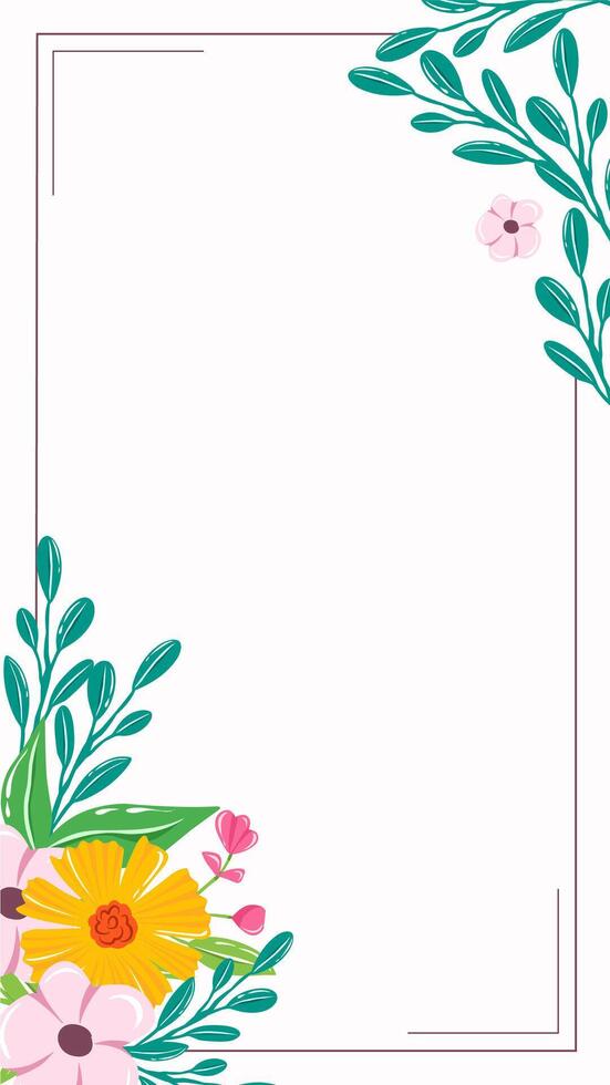 Wedding invitation floral frame of green leaves with mixed blooming flowers on white with negative space. vector