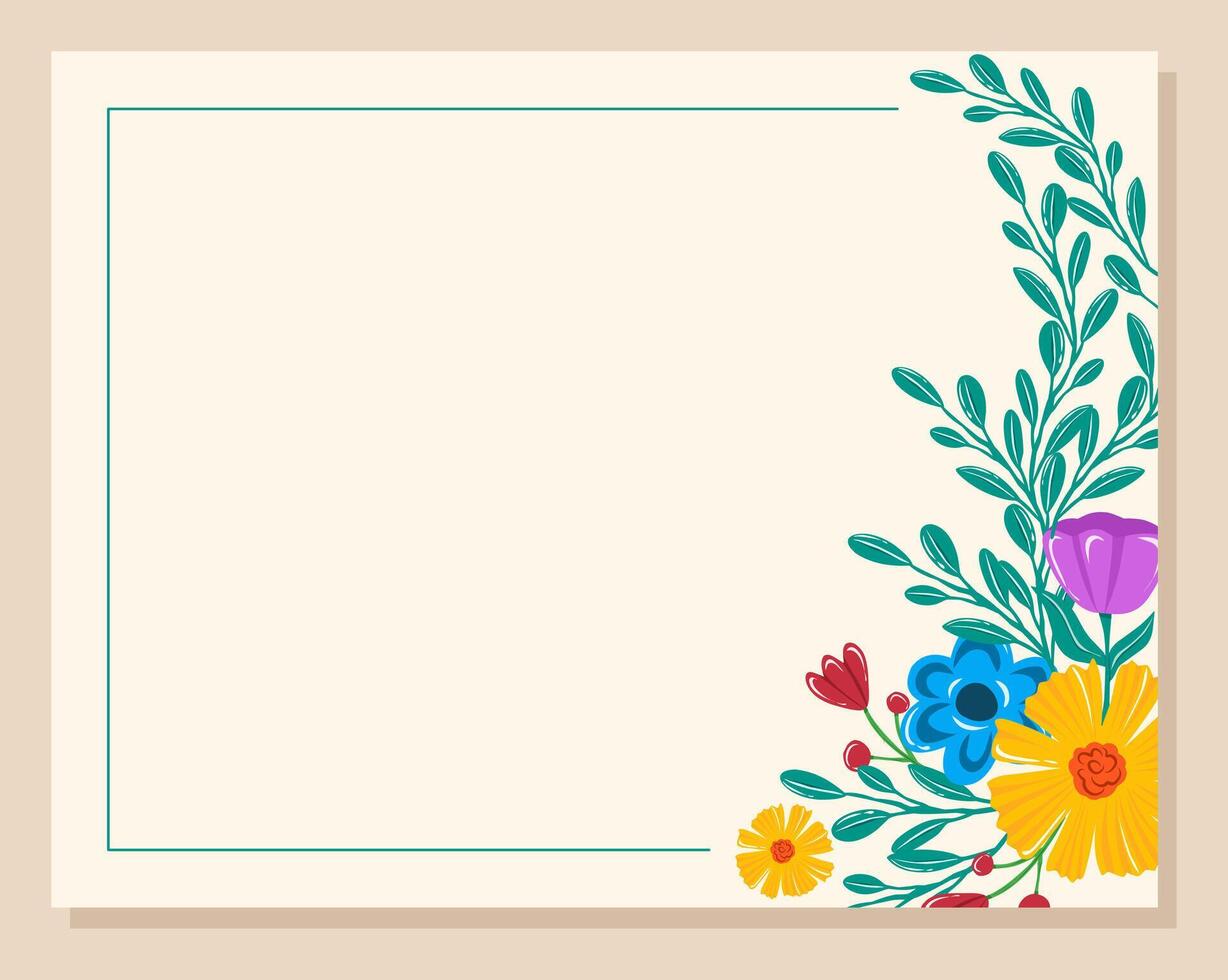 Wedding invitation floral frame of green leaves with mixed blooming flowers on white with negative space. vector