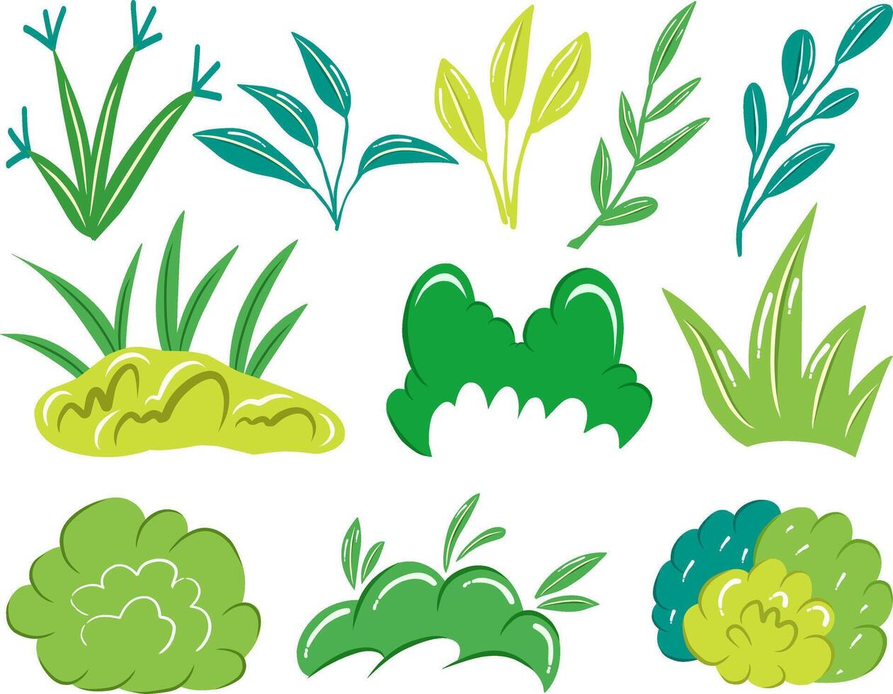 Greenery grass hand drawn clipart plant collection cartoon style for sticker print or poster element. vector