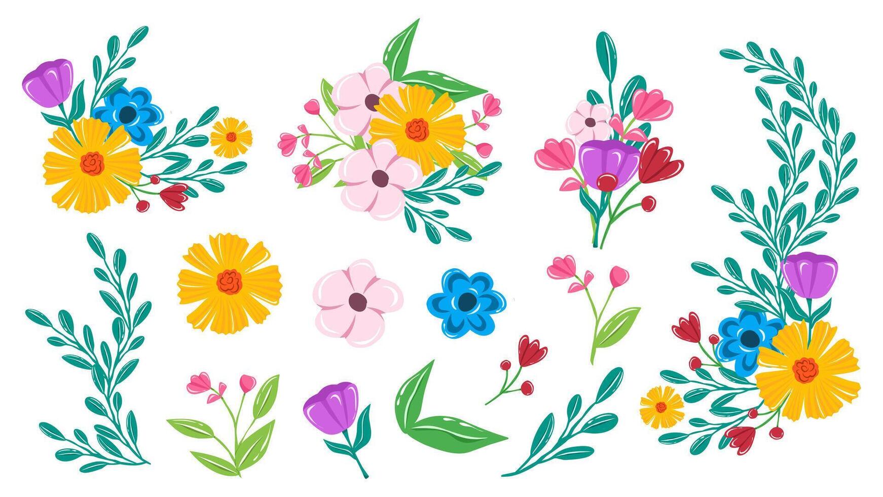Collection of flower bouquet wedding ornament illustration with leaves on white background. Flower composition. vector