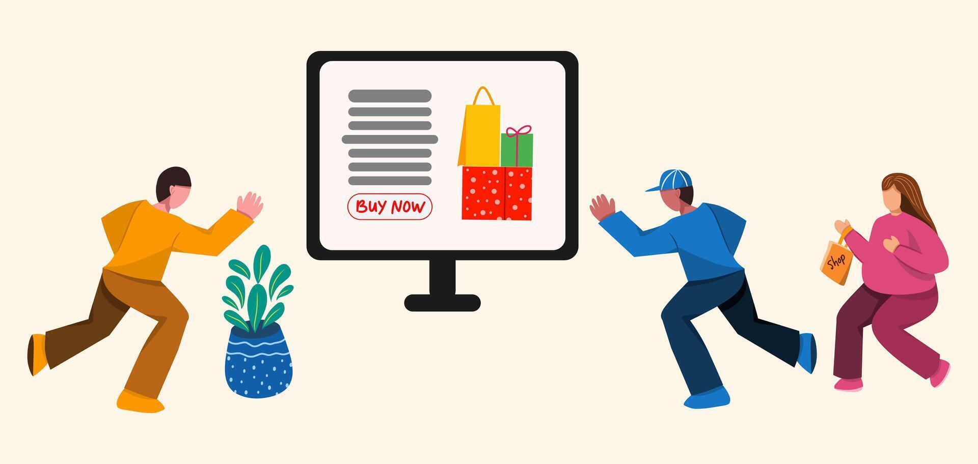 Illustration of women and man running to shop online with shopping choices displayed on the monitor screen for advertising concept. vector