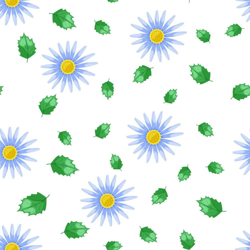 Seamless floral pattern. Blue flowers and green leaves on the white background. Botany pattern. Daisy. Chamomile. vector