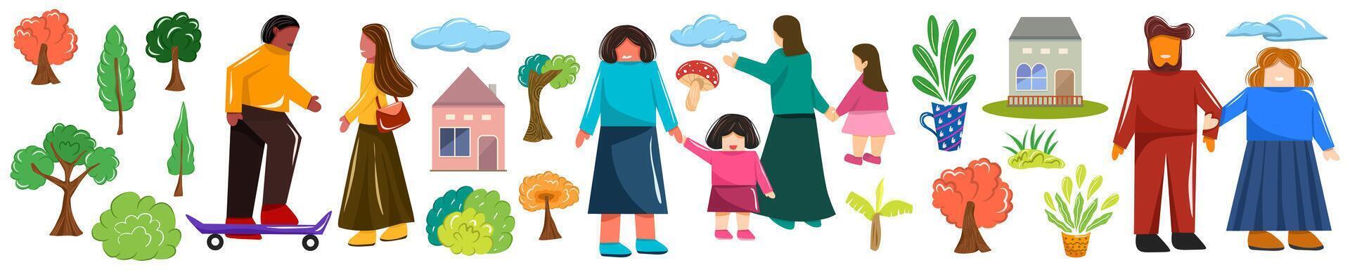 set of different people and family walking on the street vector