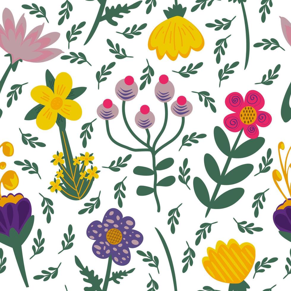 Seamless floral pattern. Set of wild and garden flowers. vector