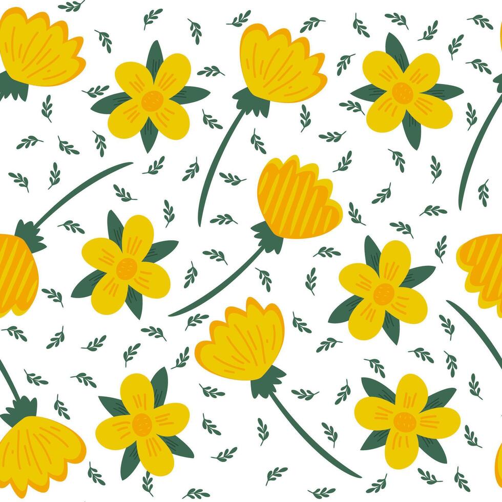 Seamless floral pattern. Yellow flowers and green leaves on the white background. Botany pattern. Daisy and tulip. vector