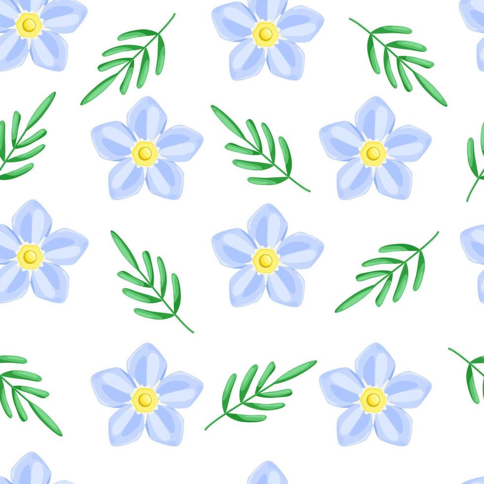 Seamless floral pattern. Blue forget-me-not flowers and green leaves on the white background. Botany pattern. vector