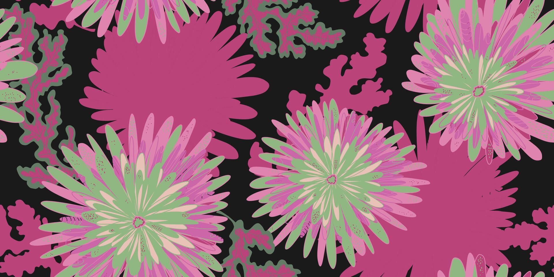 a pattern with pink and green flowers on black vector