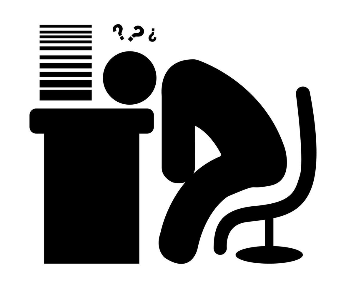 illustration of a silhouette of people who are tired because of lots of files. black flat icon hand drawn concept. vector