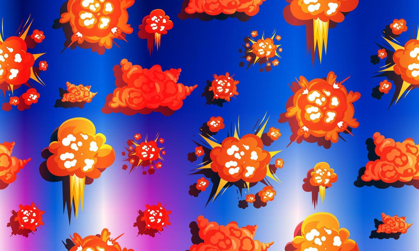 Cartoon explosions seamless pattern with smoke and burst effects on soft blue background. vector