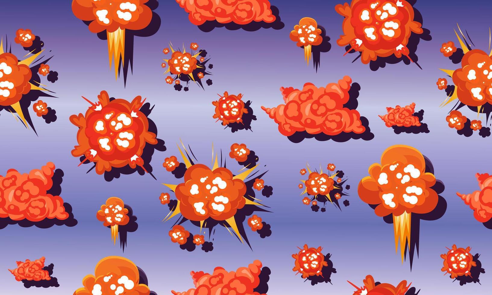 Cartoon explosions seamless pattern with smoke and burst effects on soft purple background. vector