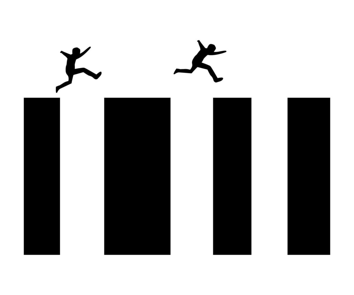 Silhouette two men jumping over gap blocks. illustration of efforts to succeed. black icon. running man. vector