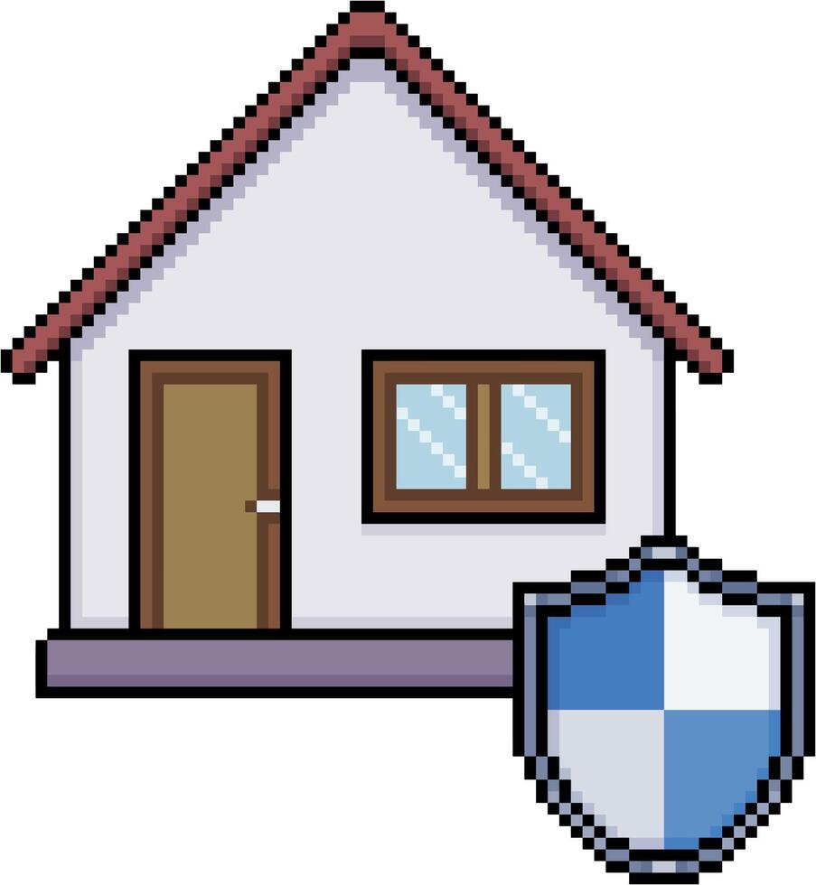 Pixel art of house with shield icon in 8-bit style vector