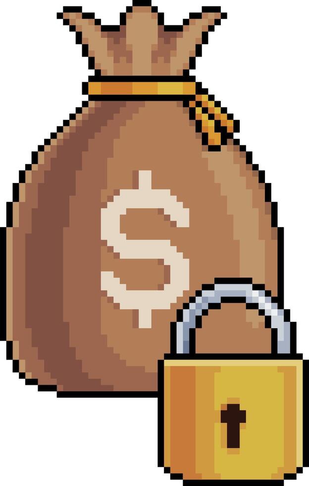 Pixel art of money bag with padlock icon in 8-bit style on white background vector