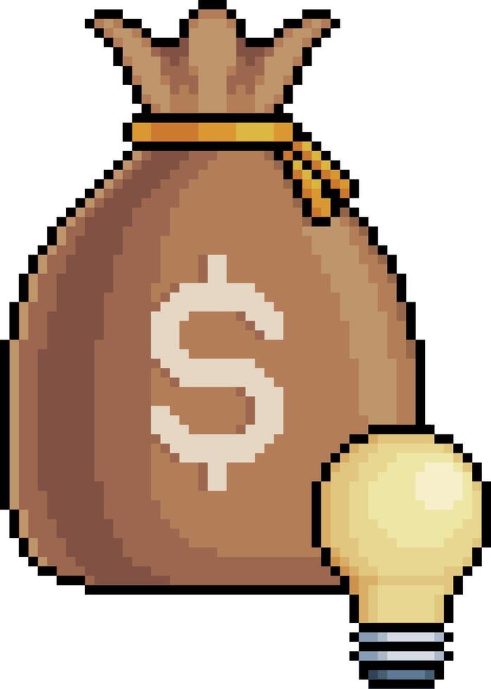Pixel art of money bag with light bulb icon in 8-bit style on white background vector