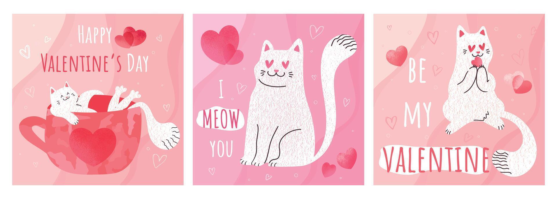 Set of Valentines Day greeting cards with cute hand drawn white cat. Cute cat in love, cat lying in a cup, biting heart. Template, cover, invitation vector