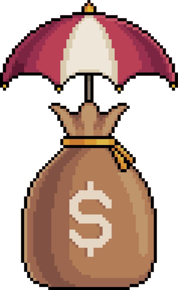 Pixel art of money bag with umbrella in 8-bit style on white background vector