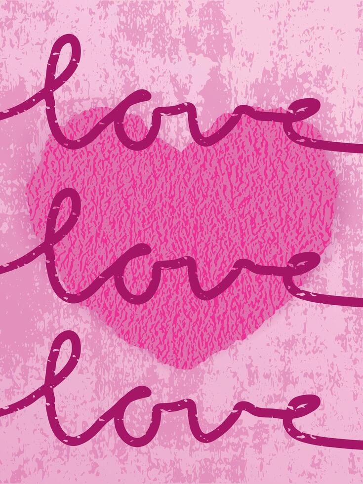 Valentine card with word Love and textured heart on pink grunge background. Modern art design, Valentines Day concept vector