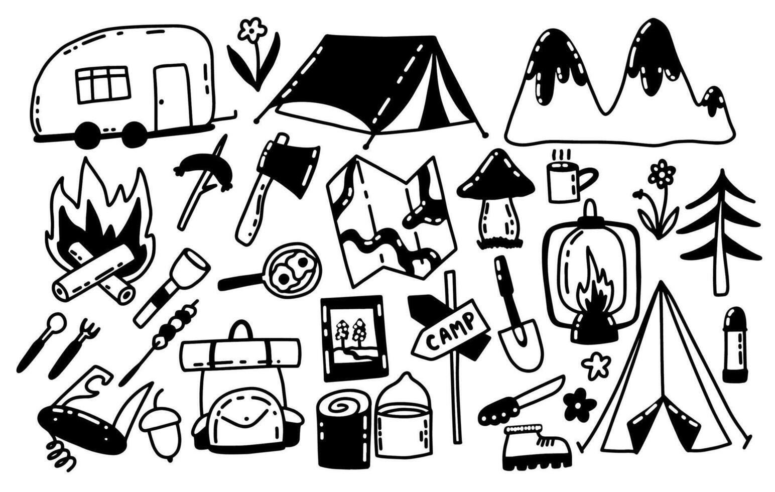 Camping hand drawn set with map, car, bonfire, backpack, tent. Hikking and forest, mountains. Collection vector