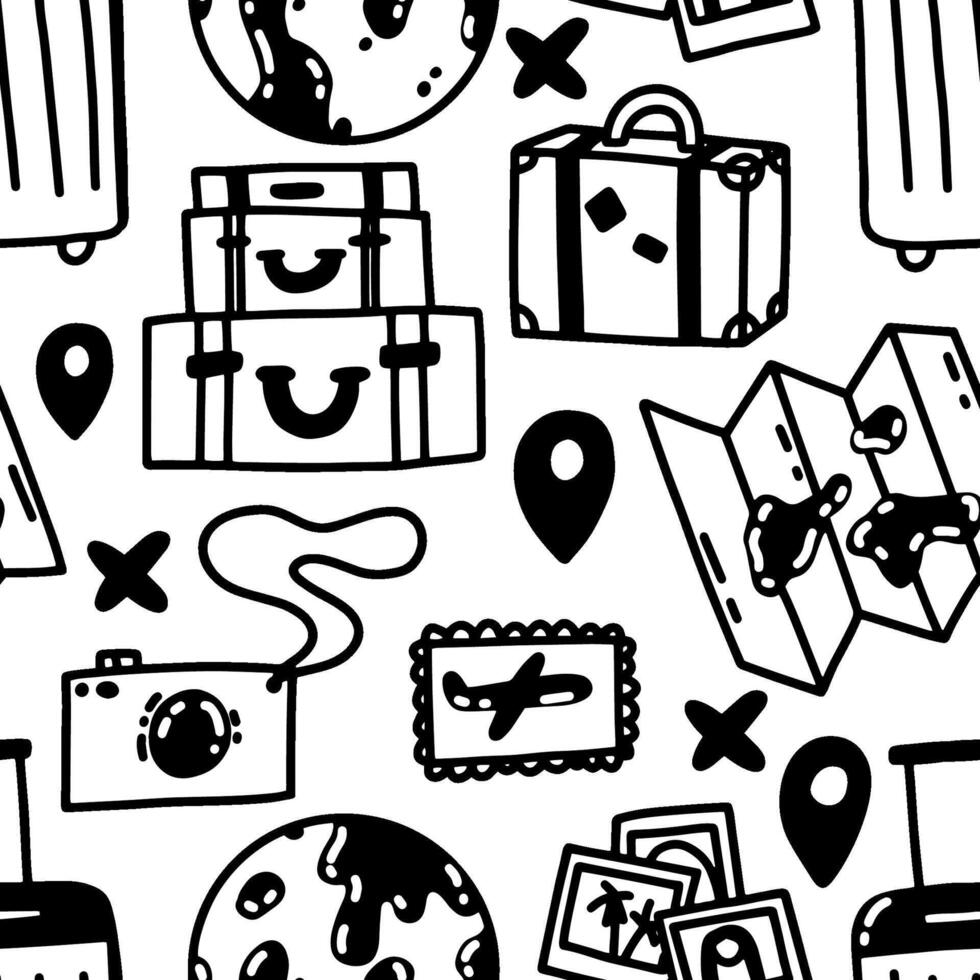 Travelling and summer adventure with suitcases, stamps, photos. Hand drawn summer journey vector