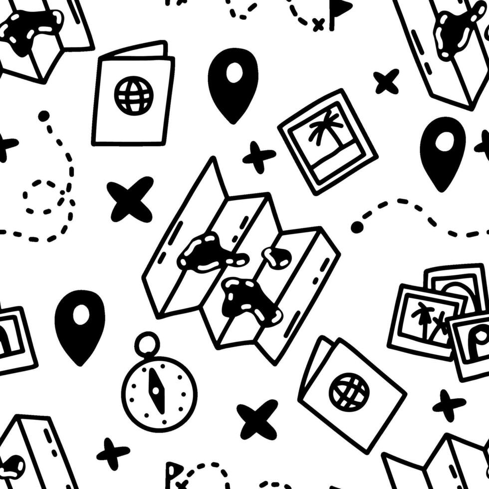 Wold trevelling seamless pattern. Doodle journey background with maps, passport, compass. Adventure vector