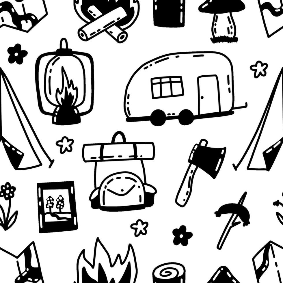 Camping and mountain hikking. Tent, bonfire, backpack. Forest journey doodle seamless pattern. background vector