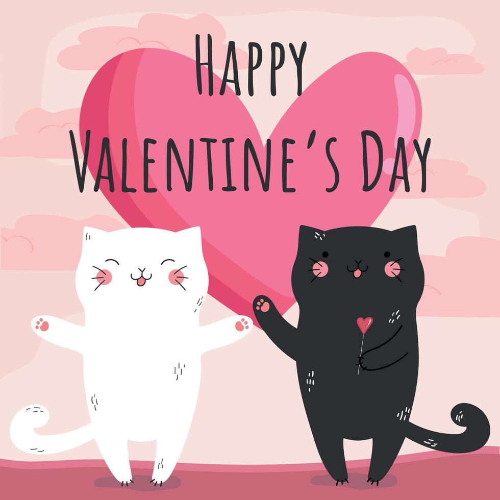 Valentine card with two hand drawn cats in love with heart on pink sunset background vector