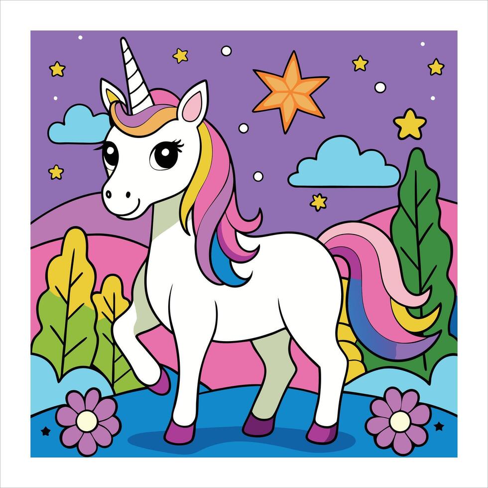 A cartoon unicorn standing in the field with flowers vector