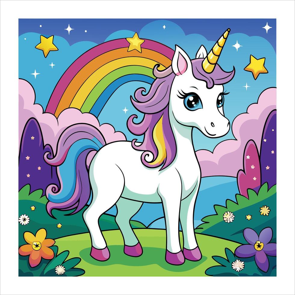 A cartoon unicorn in the field with flowers and a rainbow vector