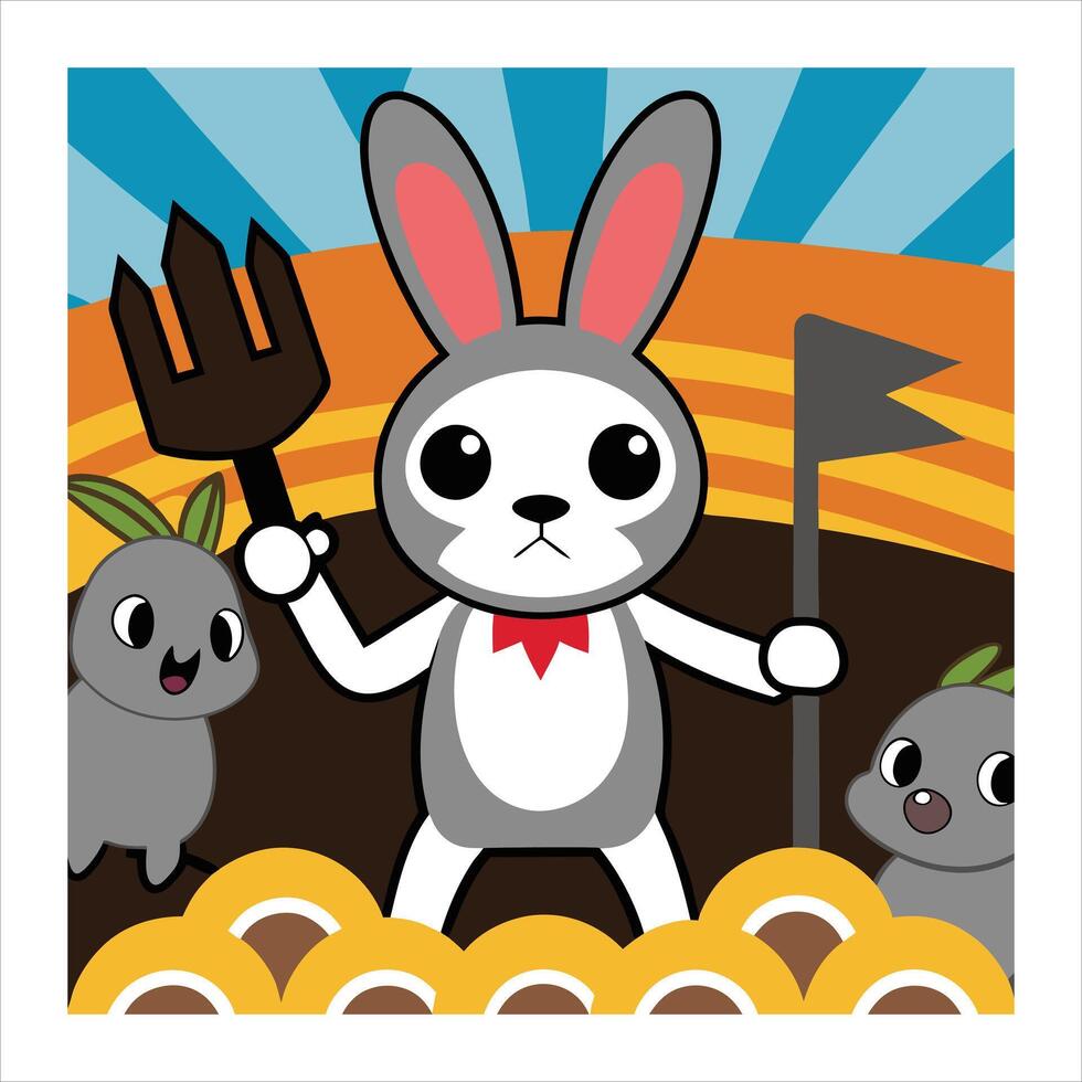 A cartoon rabbit holding a pitchfork and a carrot vector