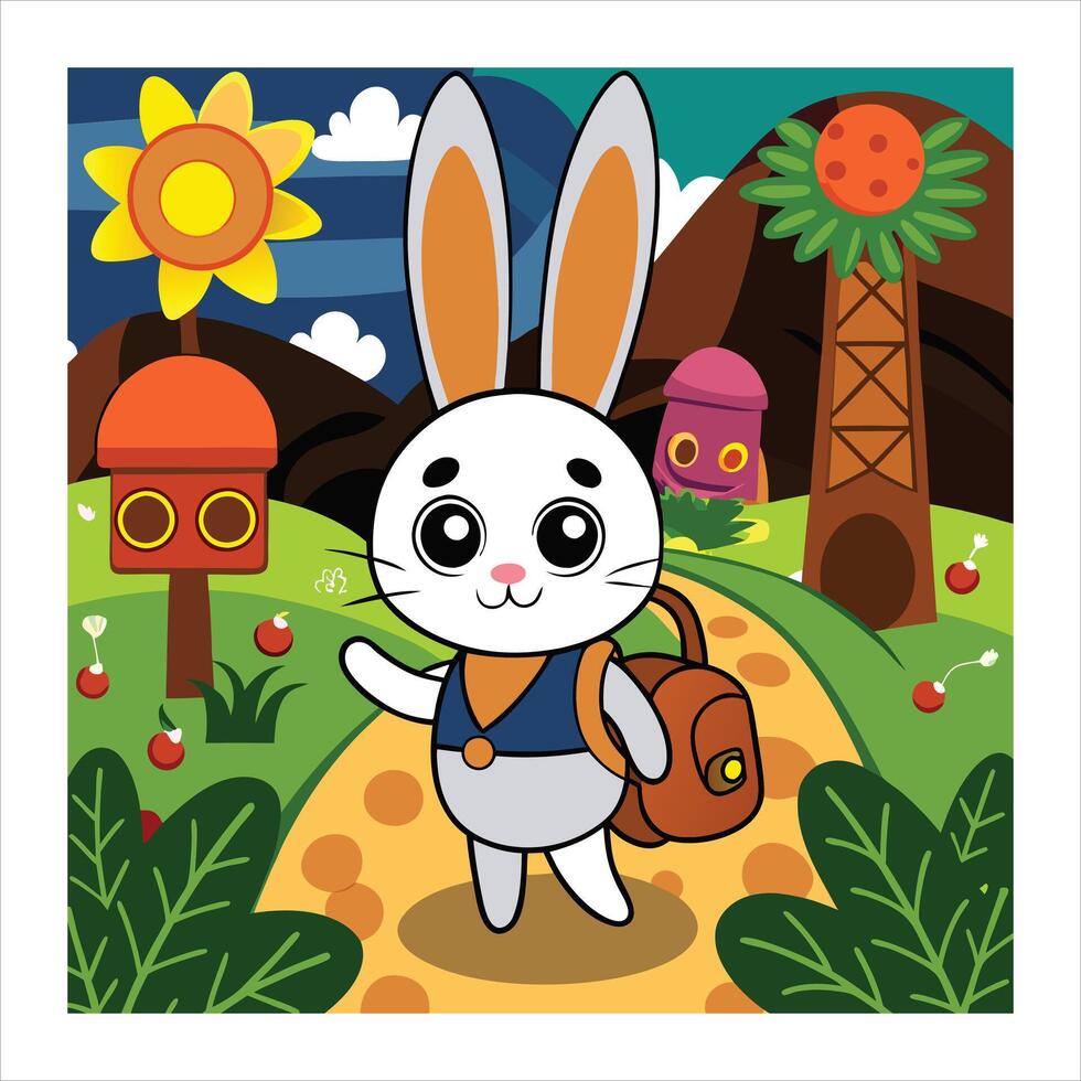 A cartoon rabbit with a backpack and a hat vector
