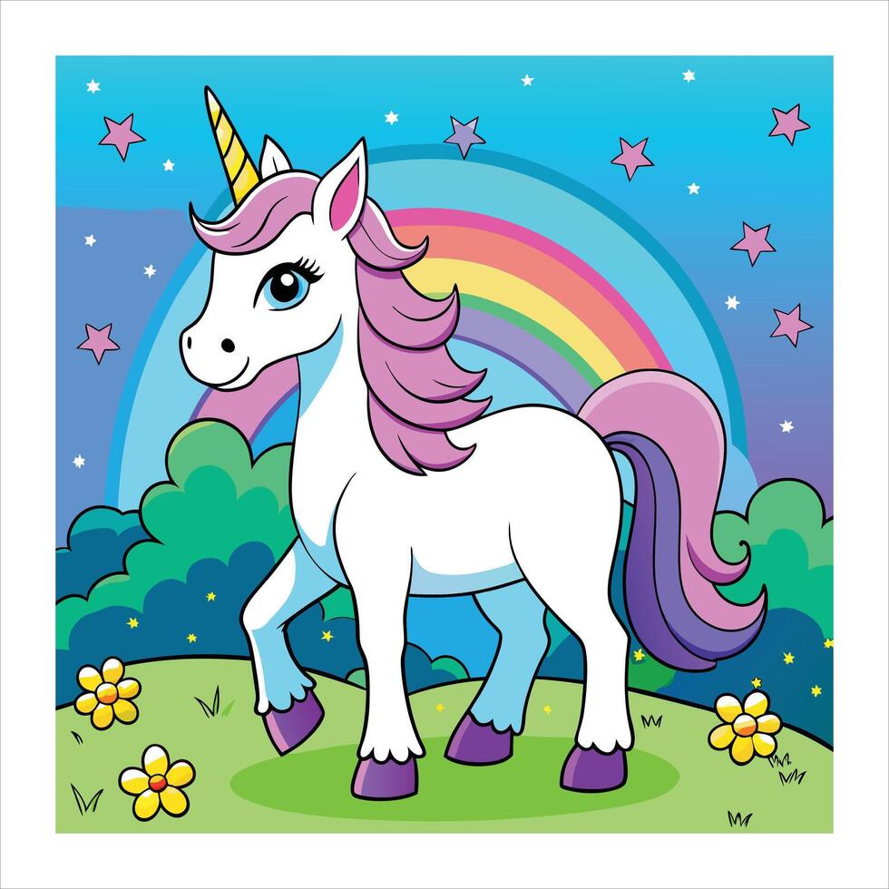 A cartoon unicorn standing in the grass with a rainbow in the background vector