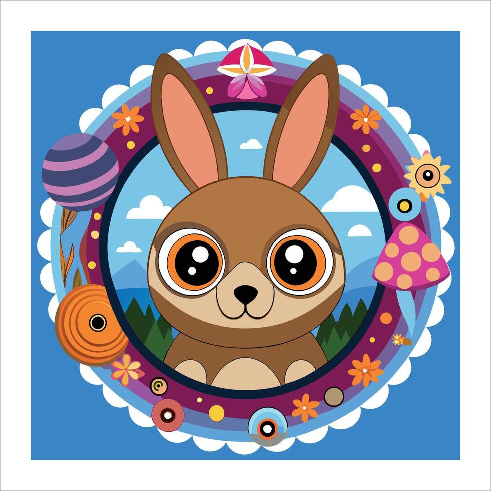 A cartoon rabbit with flowers and butterflies in the background vector