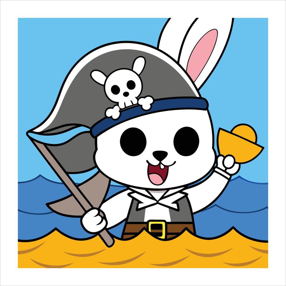 A cartoon rabbit in pirate hat holding a pirate hat vector
