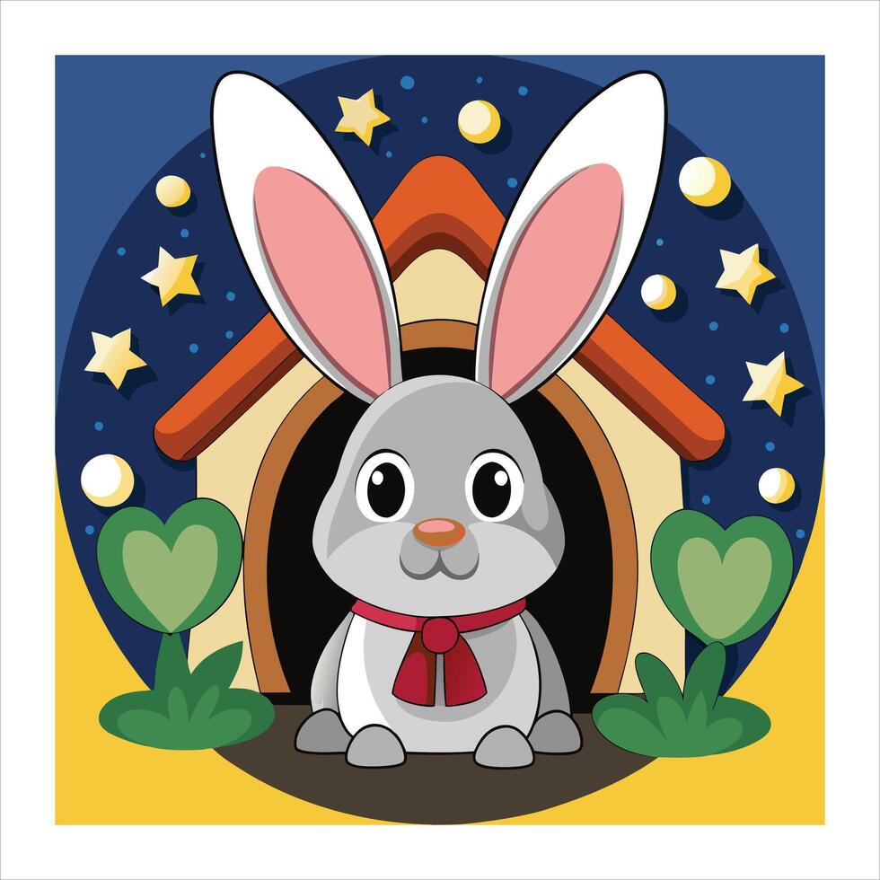 A cartoon rabbit sitting in front of a house with stars vector
